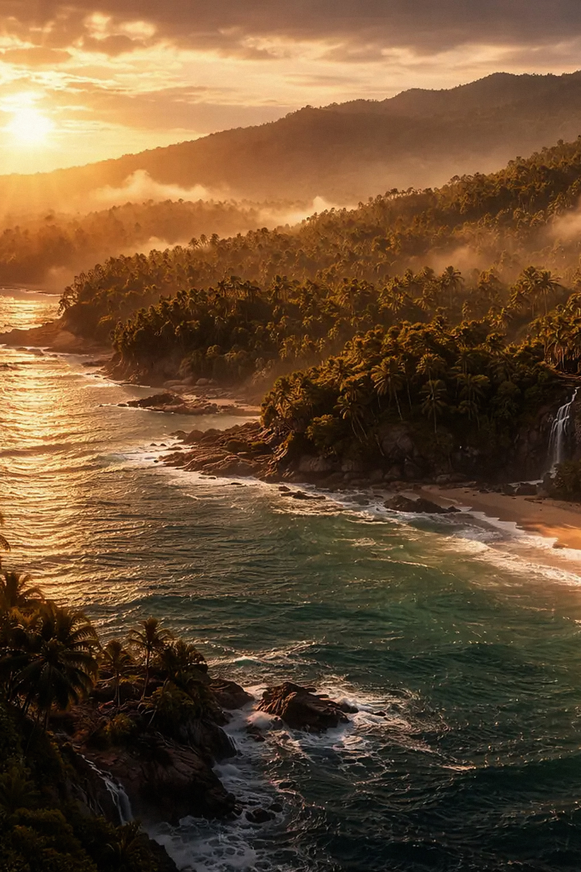 A tropical coastline at first light, ocean on one side, forested land on the other.