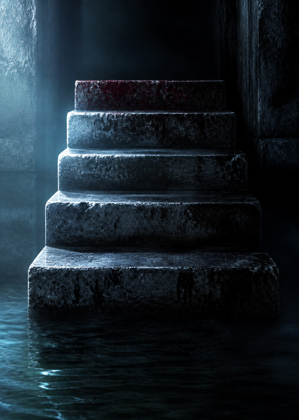 Stone steps rising into shadow under steel-red light