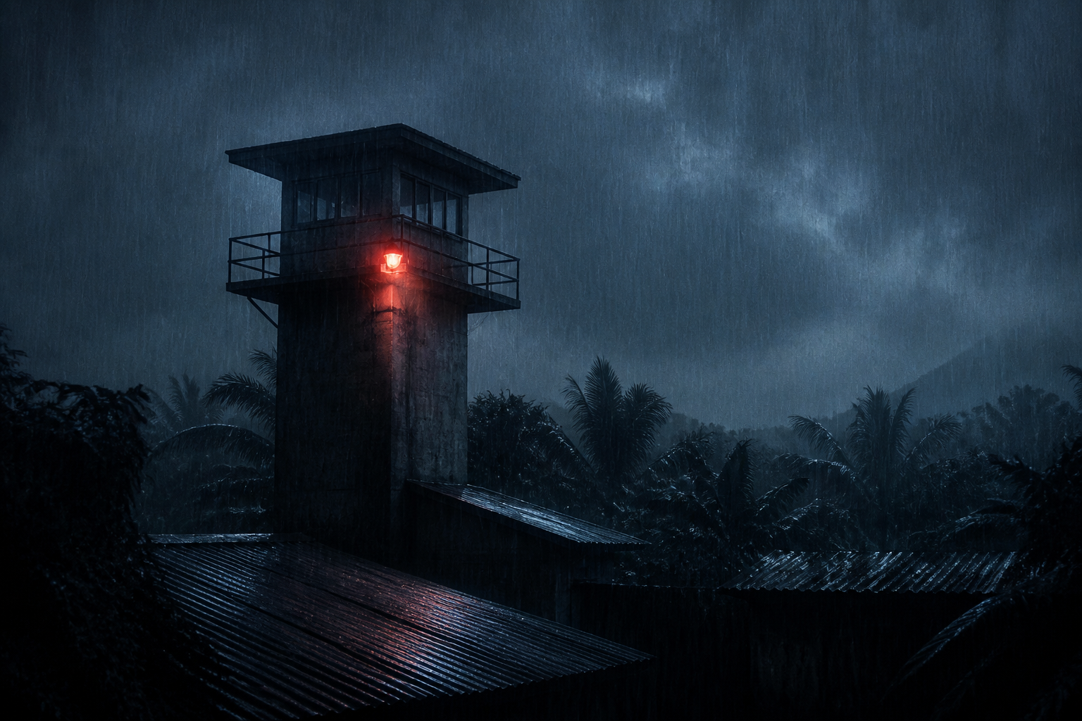 Watchtower silhouette under heavy rain