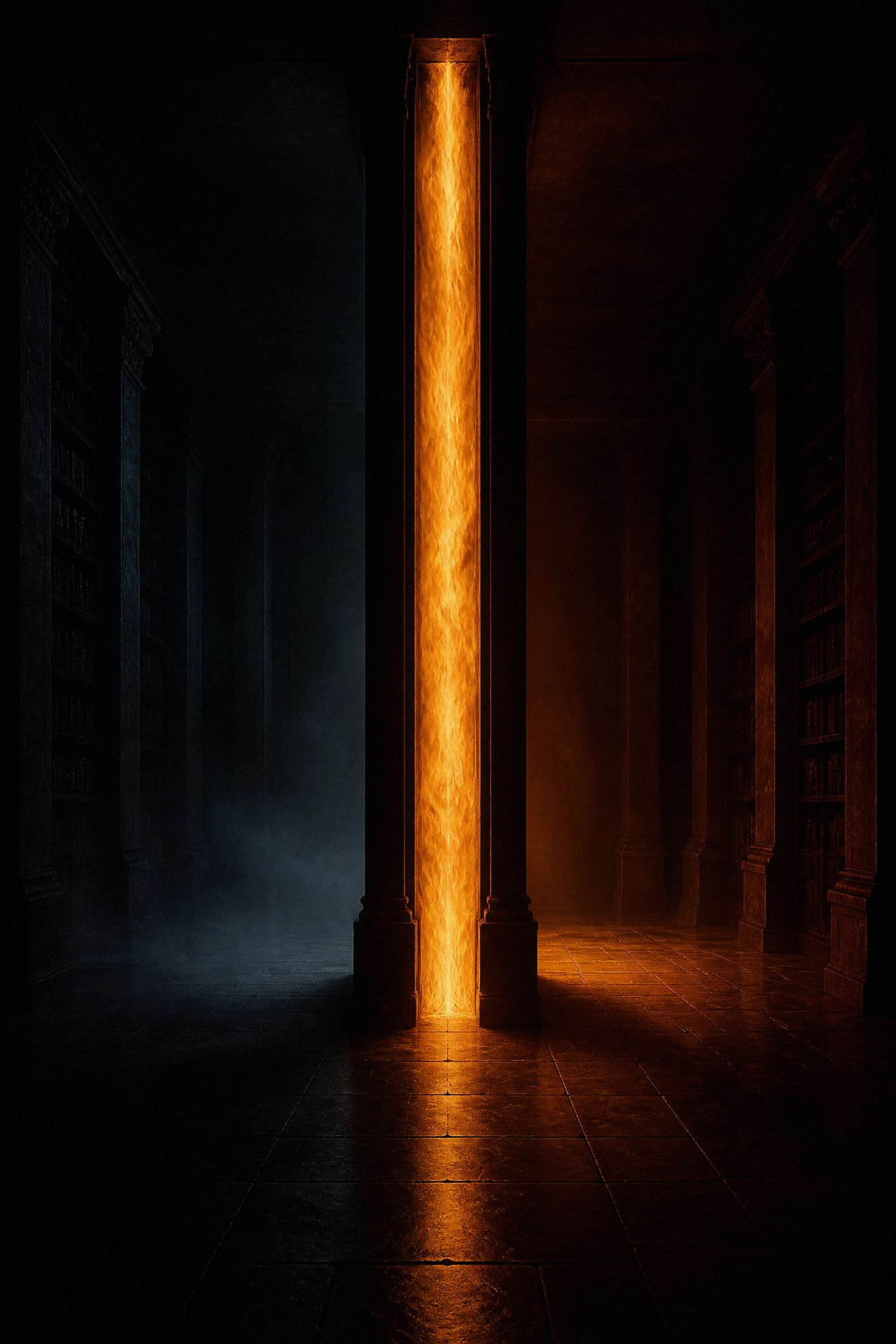 A vertical wall of contained fire dividing a dark room into two halves.