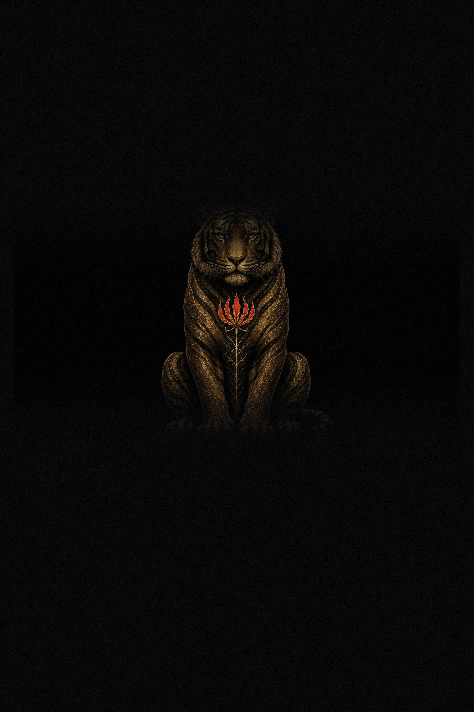 A seated gold tiger bearing a flame-lily on its chest, against black.