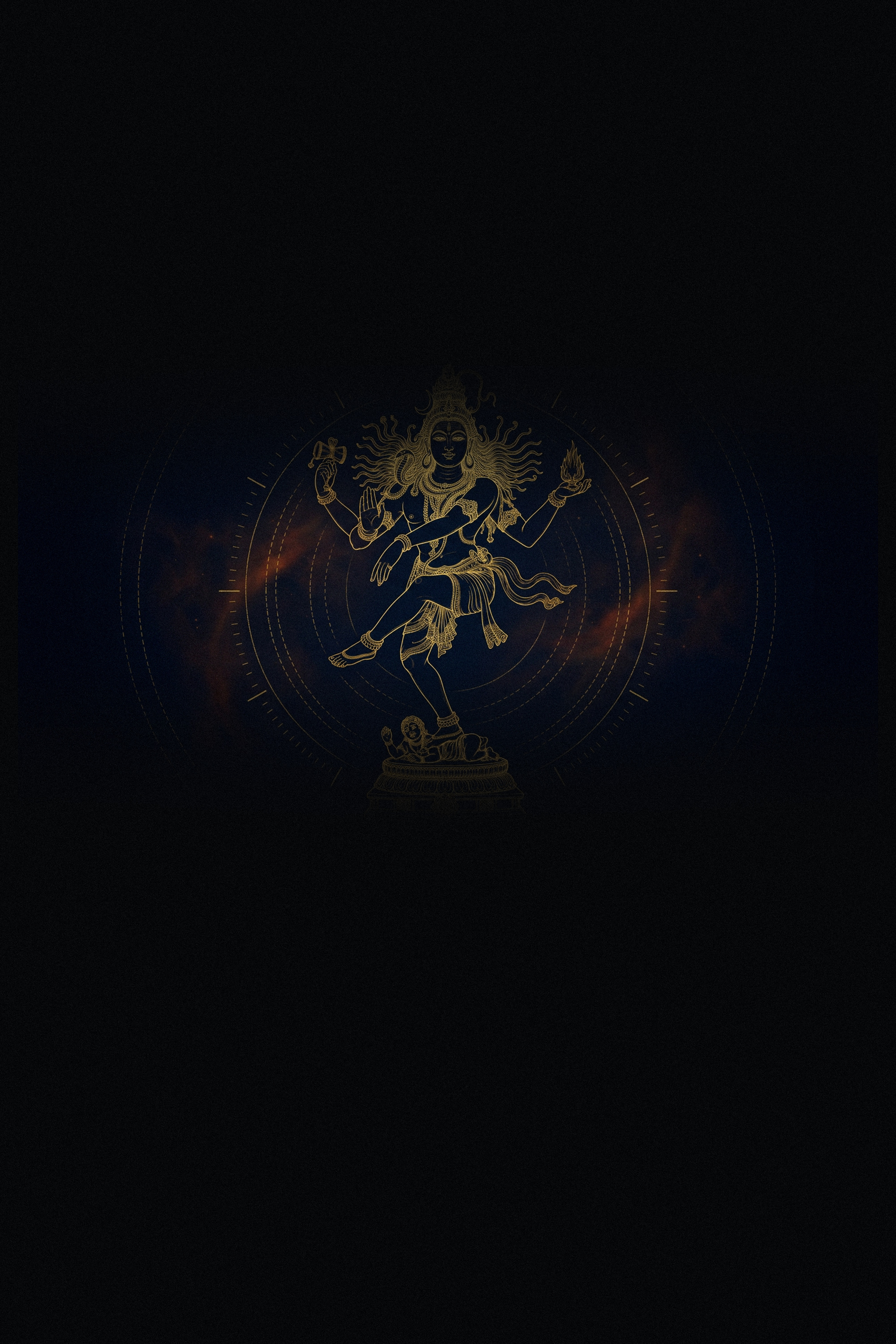 Shiva Nataraja drawn in gold hairline inside a ring of flame, against black.