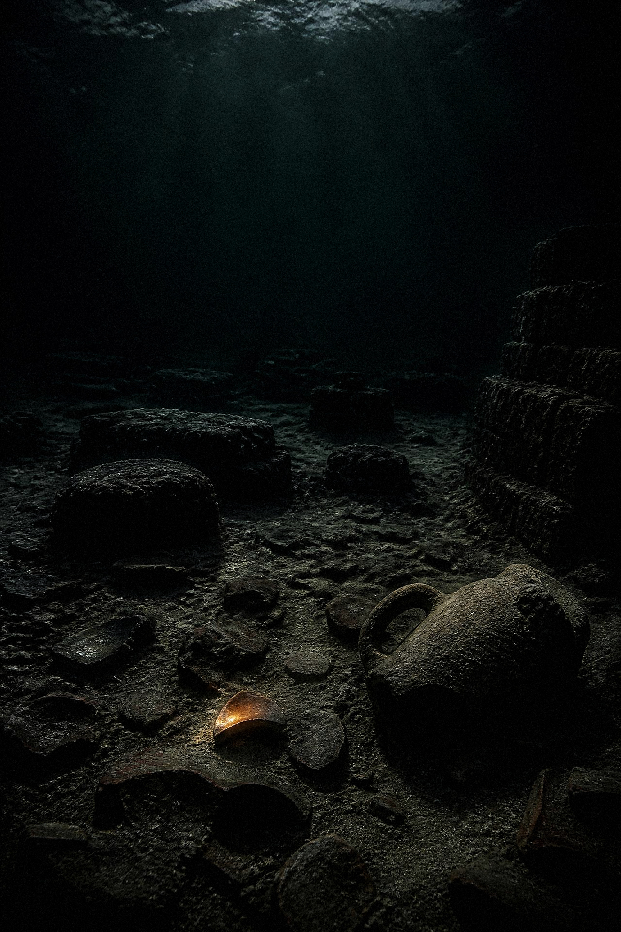 A drowned shoreline seen through deep water, pottery fragments half buried in sand.