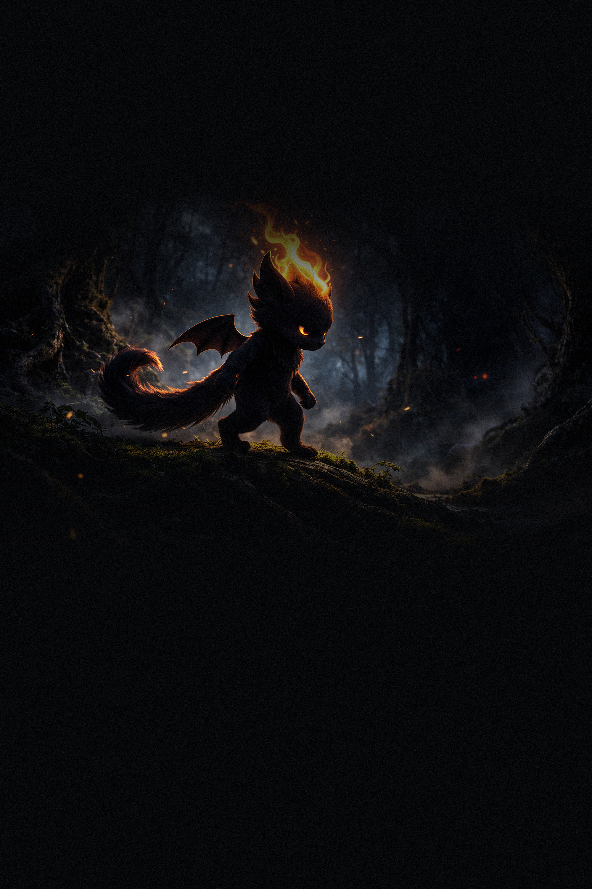 A small fire-headed guardian creature standing at the mouth of a dark hollow.