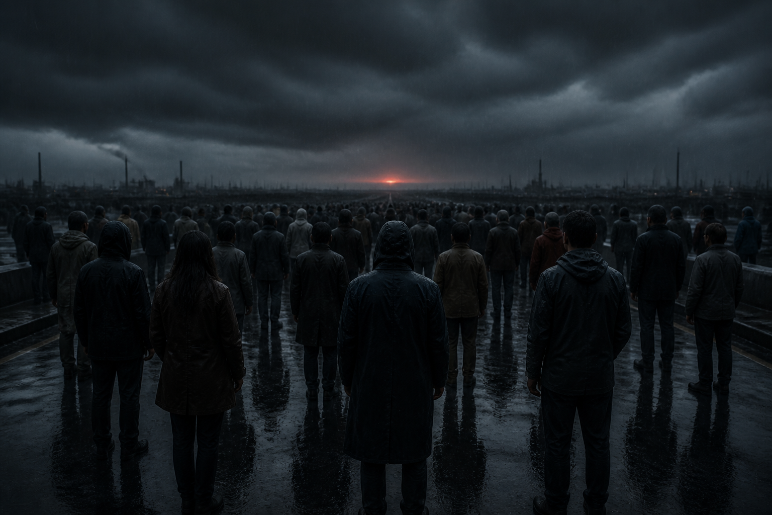 Silent crowd in rain seen from behind