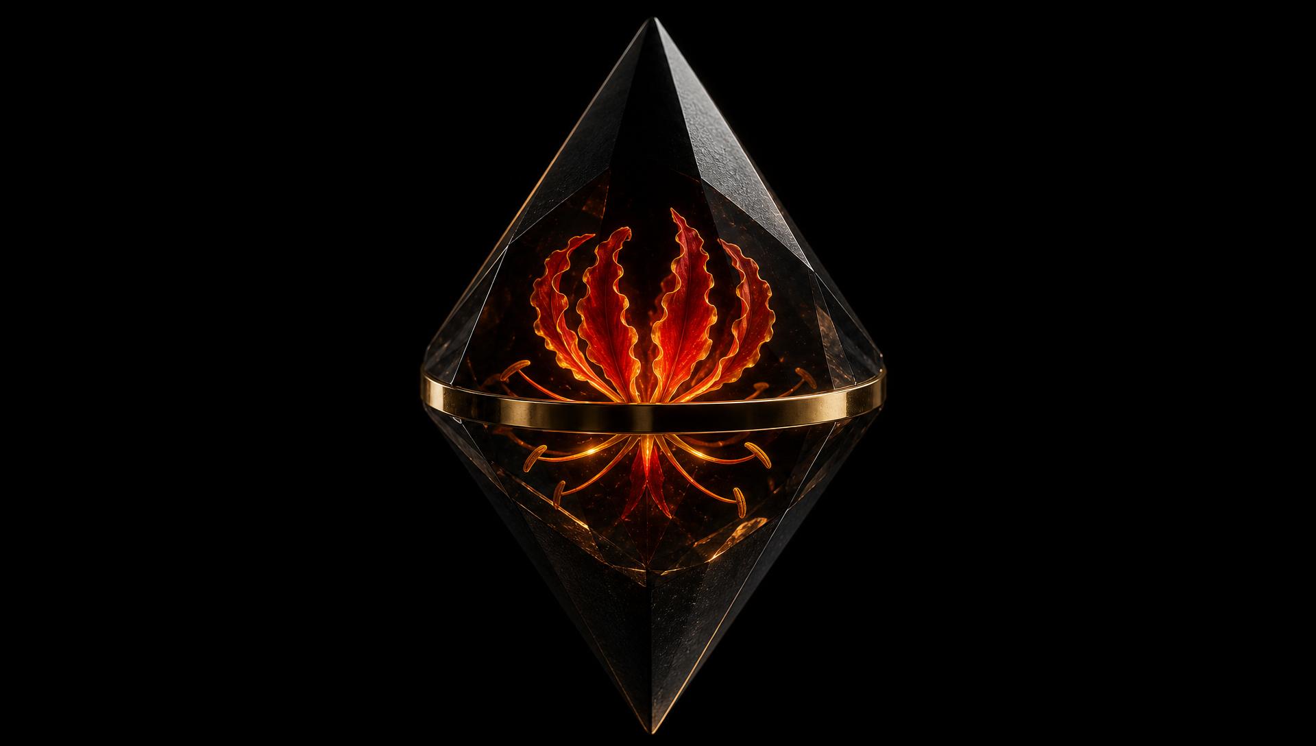 The entry stone: a black bipyramid banded in gold with a flame-lily held inside it.