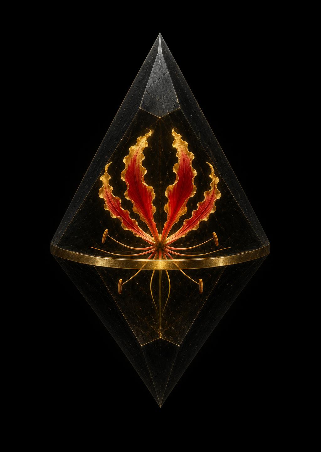 The Sudarkkal: a black bipyramid banded in gold, a flame-lily burning inside it.