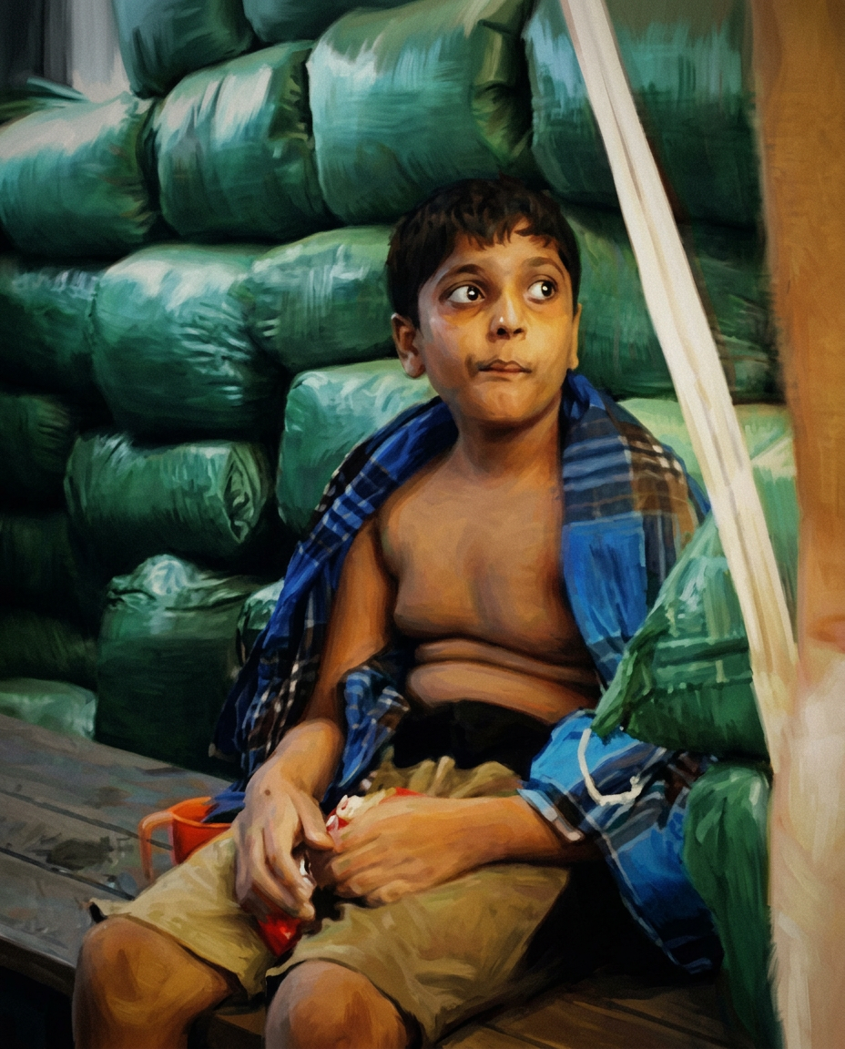 Anime-realism witness portrait of Balachandran Prabhakaran, twelve years old, holding a biscuit