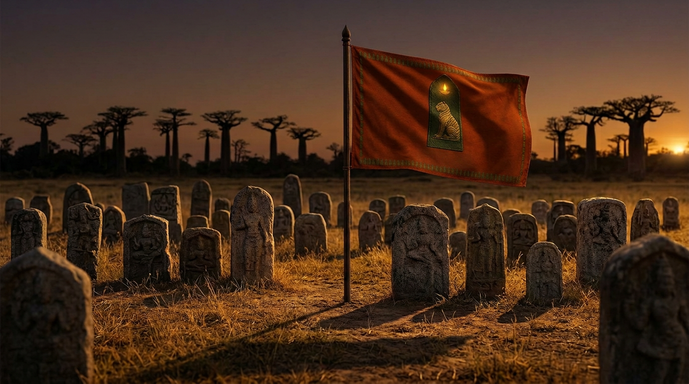 Planted as one mark among many — the standard is not above the hero-stones, it is among them.