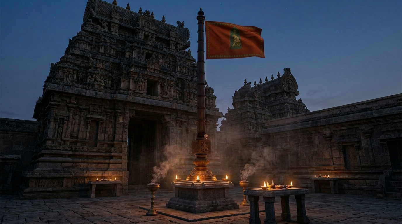 Hanging from a temple kodimaram — civilisational continuity across many centuries of Tamil temple practice.