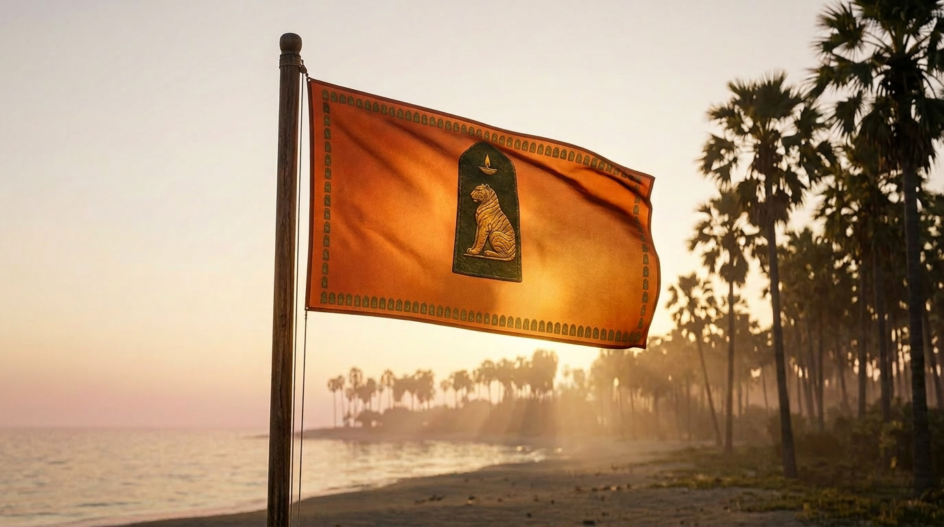 Horizontal cinematic wallpaper of the Puli Inai Koḍi standard flying at dawn over an Eelam coastline.
