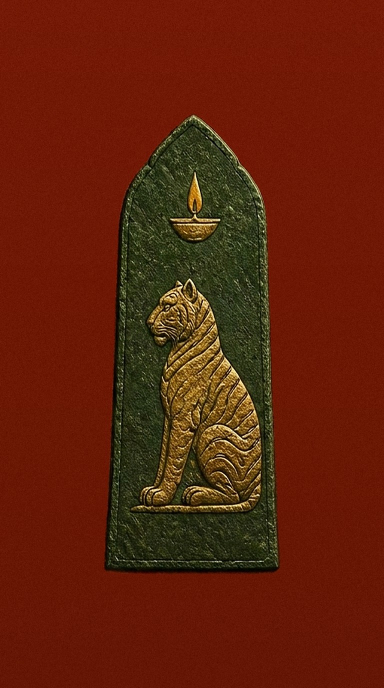 Vertical mobile wallpaper of the Puli Inai Koḍi standard rising against a starlit dawn sky.