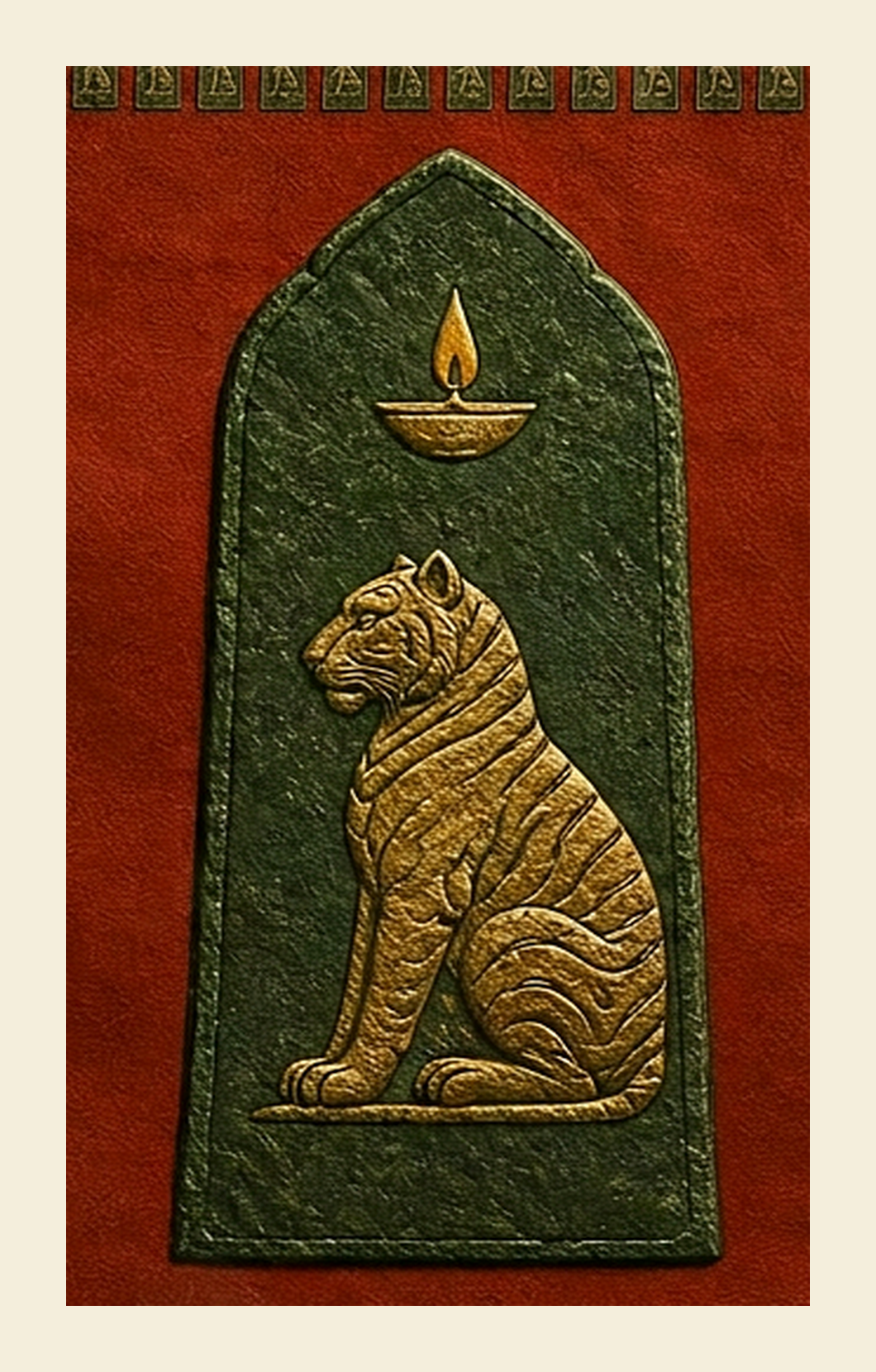 Exact scan crop of the central emblem preserving the full seated tiger, tail, legs, paws, flame and stone arch.