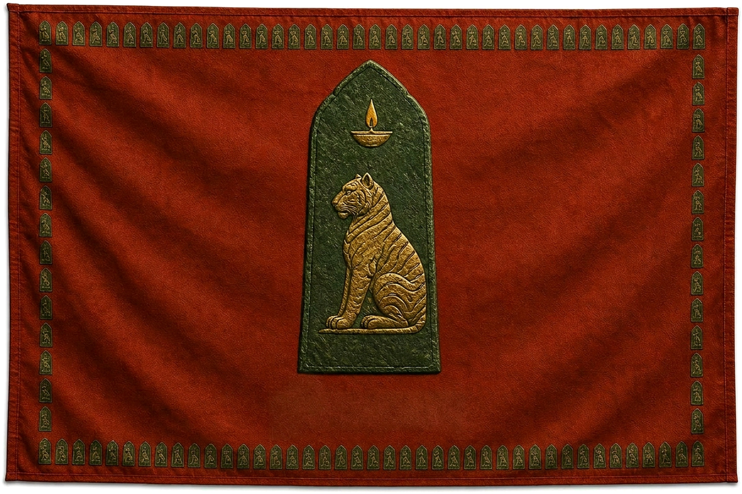 Scan-locked horizontal Puli Inai Kodi production reference with the full tiger tail, legs and paws visible.